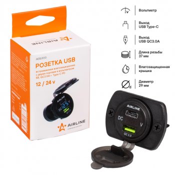 1 339 р. Розетка автомобильная встраиваемая влагозащищенная 12-24V 1 USB + 1 Type C (6.5V 3А + 5V 3А) AIRLINE AIRLINE aebj200  с доставкой в г. Майкоп. Увеличить фотографию 6