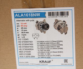 13 199 р. Генератор HYUNDAI Porter (12V,65А) двойной шкив KRAUF KRAUF ala1618nw  с доставкой в г. Майкоп. Увеличить фотографию 5