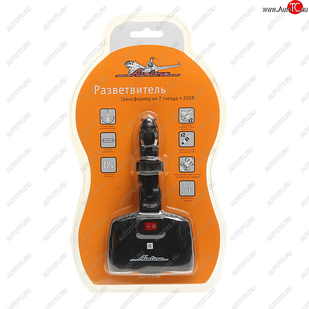 919 р. Разветвитель прикуривателя 2-х гнездовой 12V 2USB AIRLINE AIRLINE asp-2tu-08  с доставкой в г. Майкоп