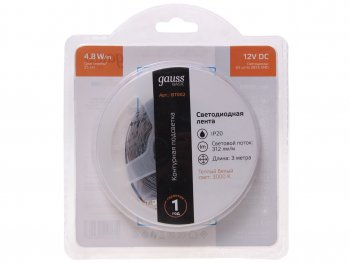 329 р. Лента светодиодная гибкая 4.8W 3м IP20 12V теплый белый (блистер) Basic GAUSS GAUSS bt002 GAUSS bt002  с доставкой в г. Майкоп. Увеличить фотографию 1