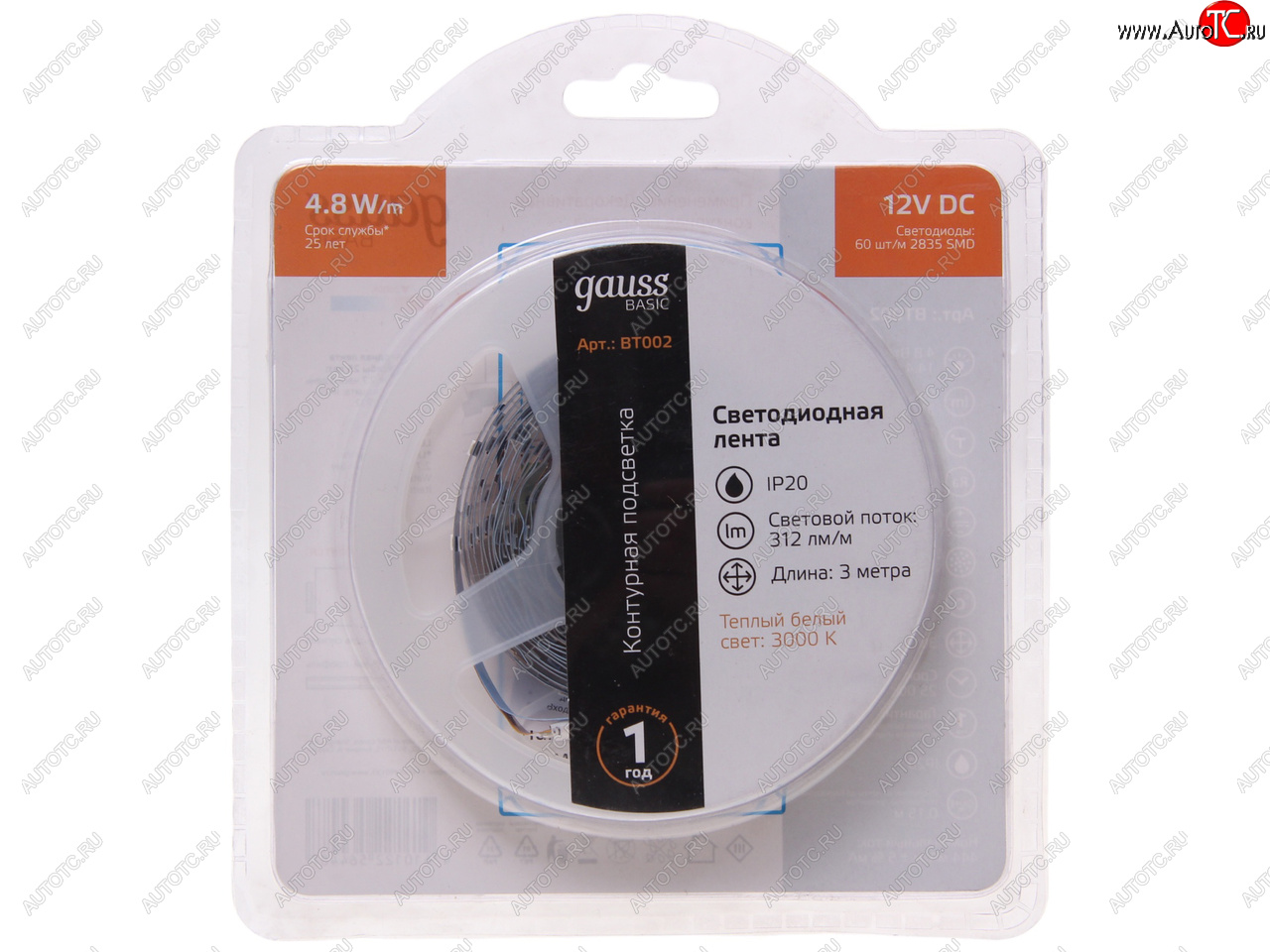 329 р. Лента светодиодная гибкая 4.8W 3м IP20 12V теплый белый (блистер) Basic GAUSS GAUSS bt002 GAUSS bt002  с доставкой в г. Майкоп