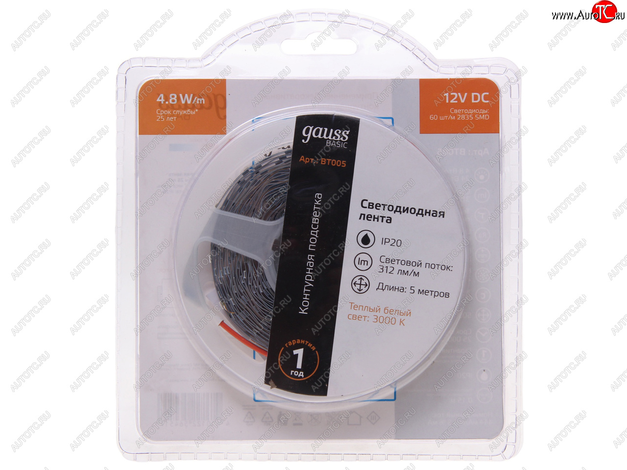 469 р. Лента светодиодная гибкая 4.8W 5м IP20 12V теплый белый (блистер) Basic GAUSS GAUSS bt005  с доставкой в г. Майкоп