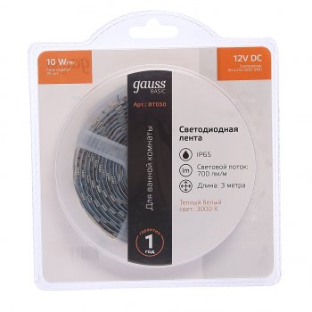 739 р. Лента светодиодная гибкая 10W 3м IP65 12V теплый белый (блистер) Basic GAUSS GAUSS bt050  с доставкой в г. Майкоп. Увеличить фотографию 1