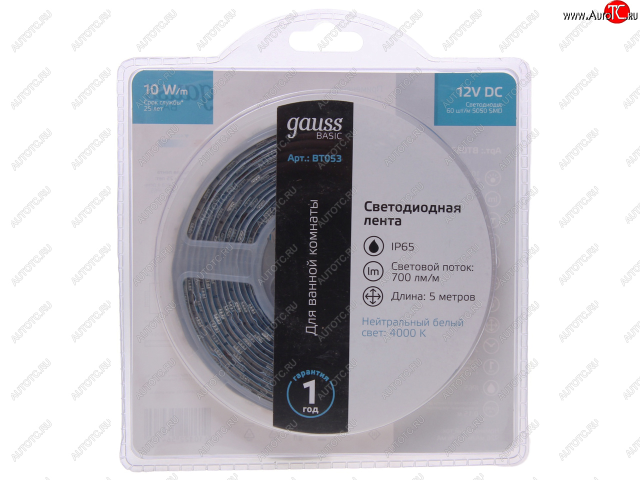 1 099 р. Лента светодиодная гибкая 10W 5м IP65 12V холодный белый (блистер) Basic GAUSS GAUSS bt053 GAUSS bt053  с доставкой в г. Майкоп