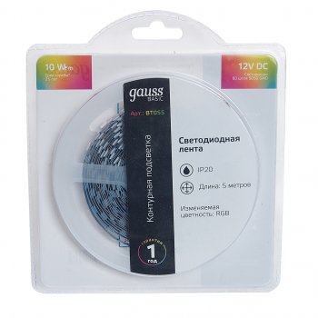 849 р. Лента светодиодная гибкая 10W 5м IP20 12V RGB (блистер) Basic GAUSS GAUSS bt055  с доставкой в г. Майкоп. Увеличить фотографию 1