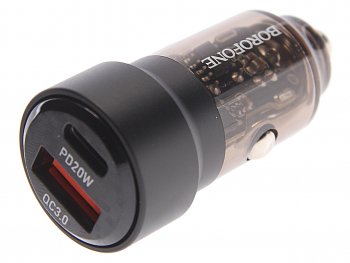 619 р. Устройство зарядное в прикуриватель 1USB + 1 Type C 12V BOROFONE BOROFONE bz20 transparent black  с доставкой в г. Майкоп. Увеличить фотографию 1