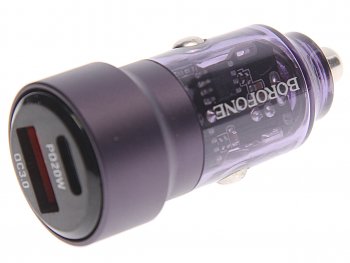 619 р. Устройство зарядное в прикуриватель 1USB + 1 Type C 12V BOROFONE BOROFONE bz20 transparent purple  с доставкой в г. Майкоп. Увеличить фотографию 1