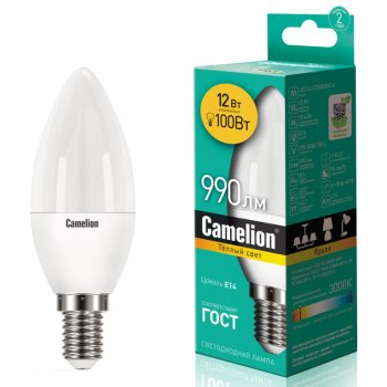 170 р. Лампа светодиодная E14 C35 12W (100W) 220V теплый CAMELION CAMELION c-led12-c35830e14  с доставкой в г. Майкоп. Увеличить фотографию 1