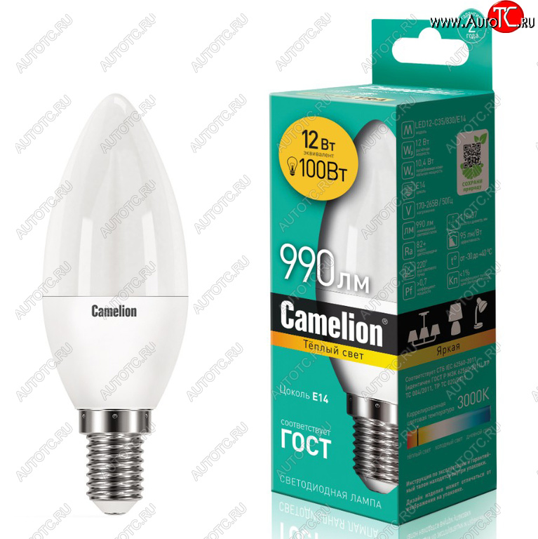 170 р. Лампа светодиодная E14 C35 12W (100W) 220V теплый CAMELION CAMELION c-led12-c35830e14  с доставкой в г. Майкоп