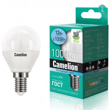 172 р. Лампа светодиодная E14 G45 12W (100W) 220V холодный CAMELION CAMELION c-led12-g45845e14  с доставкой в г. Майкоп. Увеличить фотографию 1