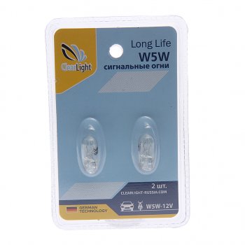 44 р. Лампа 12V W5W T10 W2.1x9.5d блистер (2шт.) CLEARLIGHT CLEARLIGHT cl-w5w-12v 2b  с доставкой в г. Майкоп. Увеличить фотографию 1
