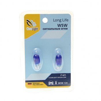 55 р. Лампа 12V W5W T10 W2.1x9.5d блистер (2шт.) CLEARLIGHT CLEARLIGHT cl-w5w-12v 2b (blue)  с доставкой в г. Майкоп. Увеличить фотографию 1