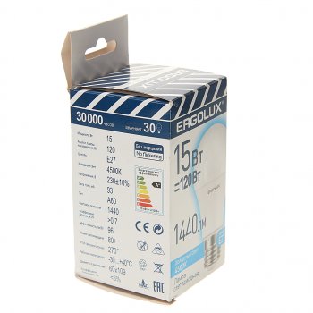 76 р. Лампа светодиодная E27 A60 15W (120W) 220V холодный ERGOLUX ERGOLUX el-led-a60-15w-e27-4k  с доставкой в г. Майкоп. Увеличить фотографию 2