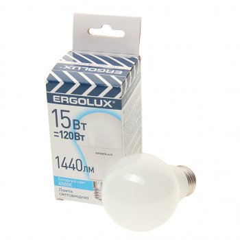 76 р. Лампа светодиодная E27 A60 15W (120W) 220V холодный ERGOLUX ERGOLUX el-led-a60-15w-e27-4k  с доставкой в г. Майкоп. Увеличить фотографию 1