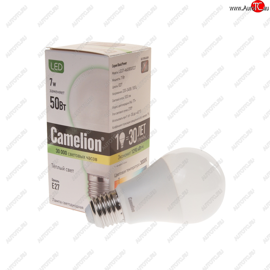 125 р. Лампа светодиодная E27 A60 7W (55W) 220V теплый BasicPower CAMELION CAMELION led7-a60830e27  с доставкой в г. Майкоп