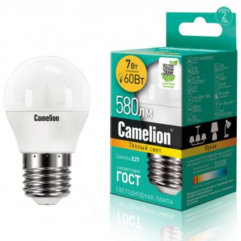 120 р. Лампа светодиодная E27 G45 7W (60W) 220V теплый Ultra CAMELION CAMELION led7-g45830e27  с доставкой в г. Майкоп. Увеличить фотографию 1
