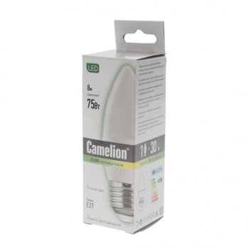 119 р. Лампа светодиодная E27 С35 8W (75W) 220V теплый BasicPower CAMELION CAMELION led8-c35830e27  с доставкой в г. Майкоп. Увеличить фотографию 2