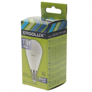 100 р. Лампа светодиодная E14 G45 11W (95W) 220V дневной свет ERGOLUX ERGOLUX led-g45-11w-e14-6k  с доставкой в г. Майкоп. Увеличить фотографию 2