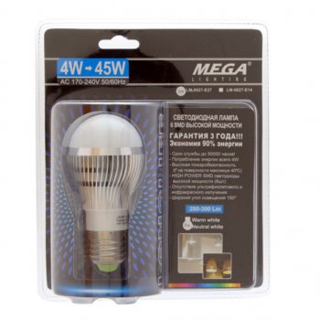 66 р. Лампа светодиодная E27 G45 4W(45W) 220V холодный MEGA LIGHTING MEGA LIGHTING lm-0627nw-e27 MEGA LIGHTING lm-0627nw-e27  с доставкой в г. Майкоп. Увеличить фотографию 1