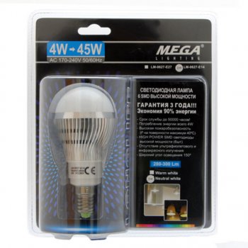 48 р. Лампа светодиодная E14 G45 4W(45W) 220V теплый MEGA LIGHTING MEGA LIGHTING lm-0627ww-e14  с доставкой в г. Майкоп. Увеличить фотографию 1