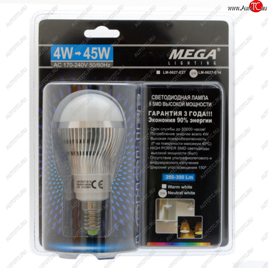 48 р. Лампа светодиодная E14 G45 4W(45W) 220V теплый MEGA LIGHTING MEGA LIGHTING lm-0627ww-e14  с доставкой в г. Майкоп