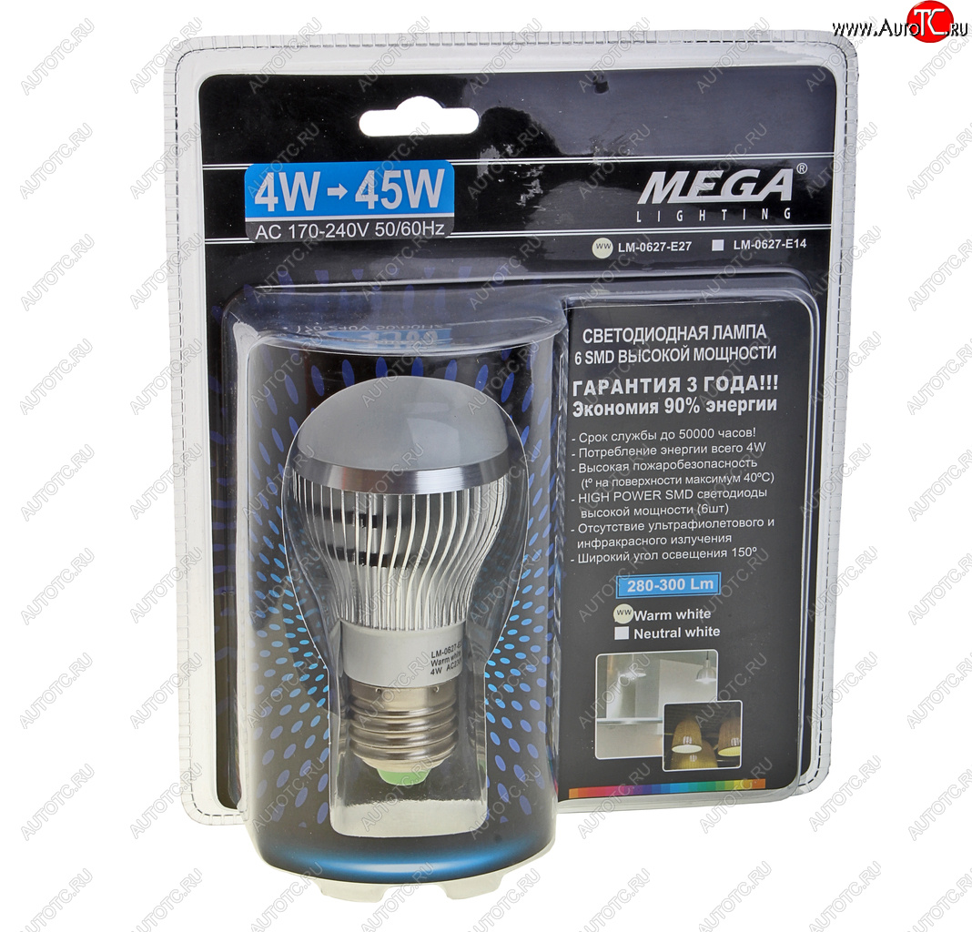 52 р. Лампа светодиодная E27 G45 4W(45W) 220V теплый MEGA LIGHTING MEGA LIGHTING lm-0627ww-e27  с доставкой в г. Майкоп