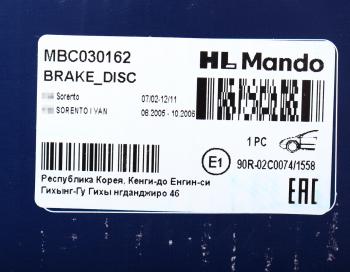 3 999 р. Диск тормозной KIA Sorento (02-) передний (1шт.) MANDO MANDO mbc030162 MANDO mbc030162  с доставкой в г. Майкоп. Увеличить фотографию 7