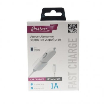 399 р. Устройство зарядное в прикуриватель 12V 1A встроенный кабель iPhone (5-) PARTNER PARTNER prt-028254  с доставкой в г. Майкоп. Увеличить фотографию 2