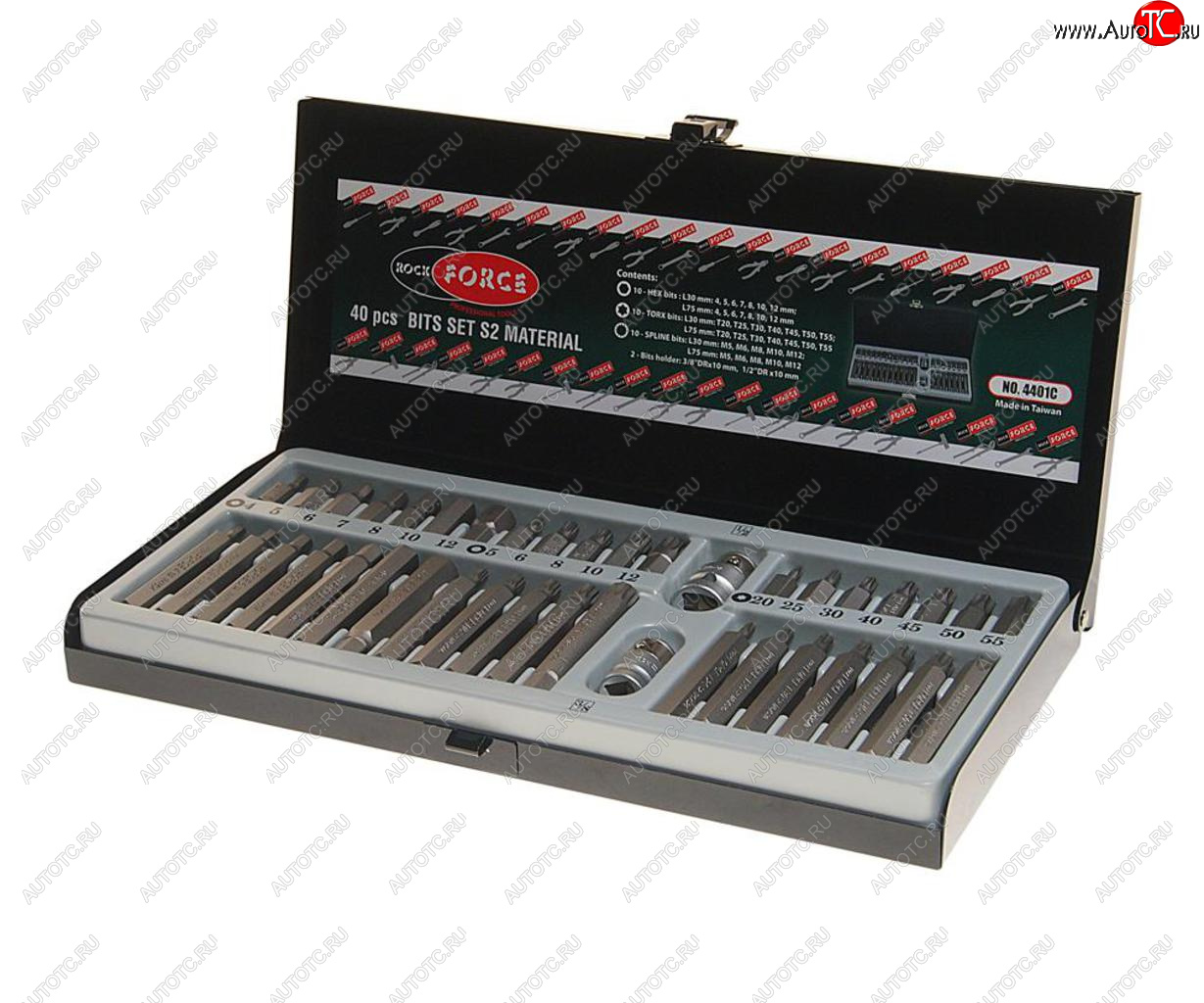 1 869 р. Набор бит 12 38 TORX T20-55 HEX H4-12мм SPLINE M5-12 2 держателя 40 предметов в кейсе ROCKFORCE ROCKFORCE rf-4401c  с доставкой в г. Майкоп
