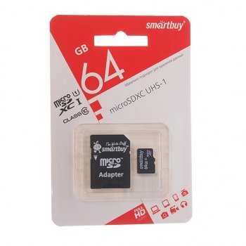 519 р. Карта памяти 64GB MicroSD class 10 + SD адаптер SMART BUY SMART BUY sb64gbsdcl10-01  с доставкой в г. Майкоп. Увеличить фотографию 1