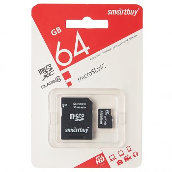 499 р. Карта памяти 64GB MicroSD class 10 + SD адаптер SMART BUY SMART BUY sb64gbsdcl10-01le  с доставкой в г. Майкоп. Увеличить фотографию 1
