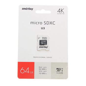 759 р. Карта памяти 64GB MicroSD class 10 + SD адаптер SMART BUY SMART BUY sb64gbsdcl10u3-01  с доставкой в г. Майкоп. Увеличить фотографию 1