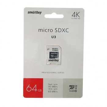 669 р. Карта памяти 64GB MicroSD class 10 + SD адаптер SMART BUY SMART BUY sb64gbsdcl10u3l-01  с доставкой в г. Майкоп. Увеличить фотографию 1