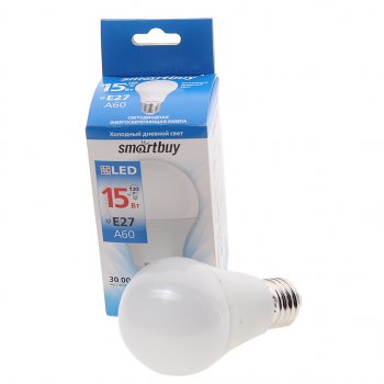 99 р. Лампа светодиодная E27 A60 15W(120W) 220V холодный SMART BUY SMART BUY sbl-a60-15-60k-e27  с доставкой в г. Майкоп. Увеличить фотографию 1