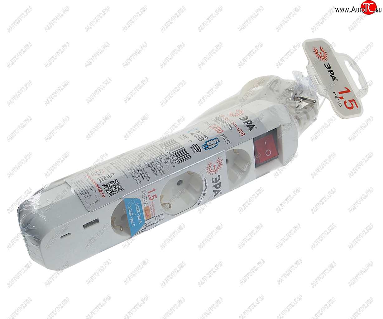 799 р. Фильтр сетевой 1.5м 10А 2200Вт 3 гнезда + 1 USB A 1 Type C с заземлением белый ЭРА ЭРА ub-3es-1,5m-usb  с доставкой в г. Майкоп