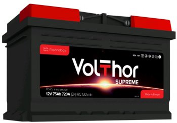 12 699 р. Аккумулятор VOLTHOR Supreme 75Ач обратная полярность,низкий VOLTHOR 6ст75(0) 57510  с доставкой в г. Майкоп. Увеличить фотографию 1