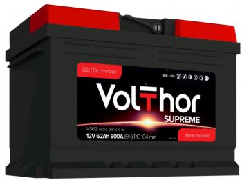 9 999 р. Аккумулятор VOLTHOR Supreme 62Ач обратная полярность,низкий VOLTHOR 6ст62(0) 56249  с доставкой в г. Майкоп. Увеличить фотографию 1