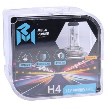 329 р. Лампа 12V H4 6055W P43t бокс (2шт.) Standart MEGAPOWER MEGAPOWER 370-33-022  с доставкой в г. Майкоп. Увеличить фотографию 3