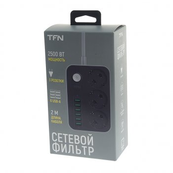 1 589 р. Фильтр сетевой 2м 10А 2500Вт 3 гнезда+ 6 USB с заземлением черный TFN TFN tfn-power7bk  с доставкой в г. Майкоп. Увеличить фотографию 4