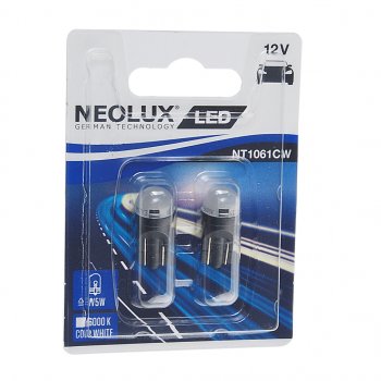 729 р. Лампа светодиодная 12V W5W T10W W2.1x9.5d 6000K 35лм блистер (2шт.) LED Cool White NEOLUX NEOLUX nt1061cw-02b  с доставкой в г. Майкоп. Увеличить фотографию 1