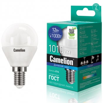 184 р. Лампа светодиодная E14 G45 12W (100W) 220V холодный CAMELION CAMELION c-led12-g45865e14  с доставкой в г. Майкоп. Увеличить фотографию 1