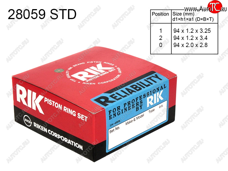 2 599 р. Кольца поршневые (комплект) STD TOYOTA 4RUNNERFORTUNERHILUXSURFLC PRADO 1GR-FE 02-09 RIKEN 28059 STD  с доставкой в г. Майкоп