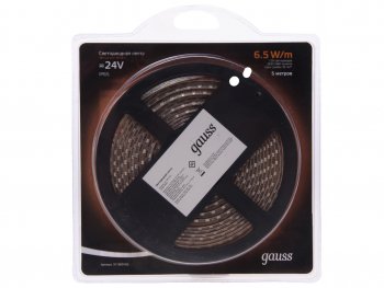 1 169 р. Лента светодиодная гибкая 6.5W 5м IP65 24V теплый белый (блистер) GAUSS GAUSS 311000165 GAUSS 311000165  с доставкой в г. Майкоп. Увеличить фотографию 1