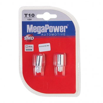 62 р. Лампа светодиодная 12V W5W T10 W2.1x9.5d 6000K блистер (2шт.) MEGAPOWER MEGAPOWER-AUTOMOTIVE 10101w-2бл  с доставкой в г. Майкоп. Увеличить фотографию 1