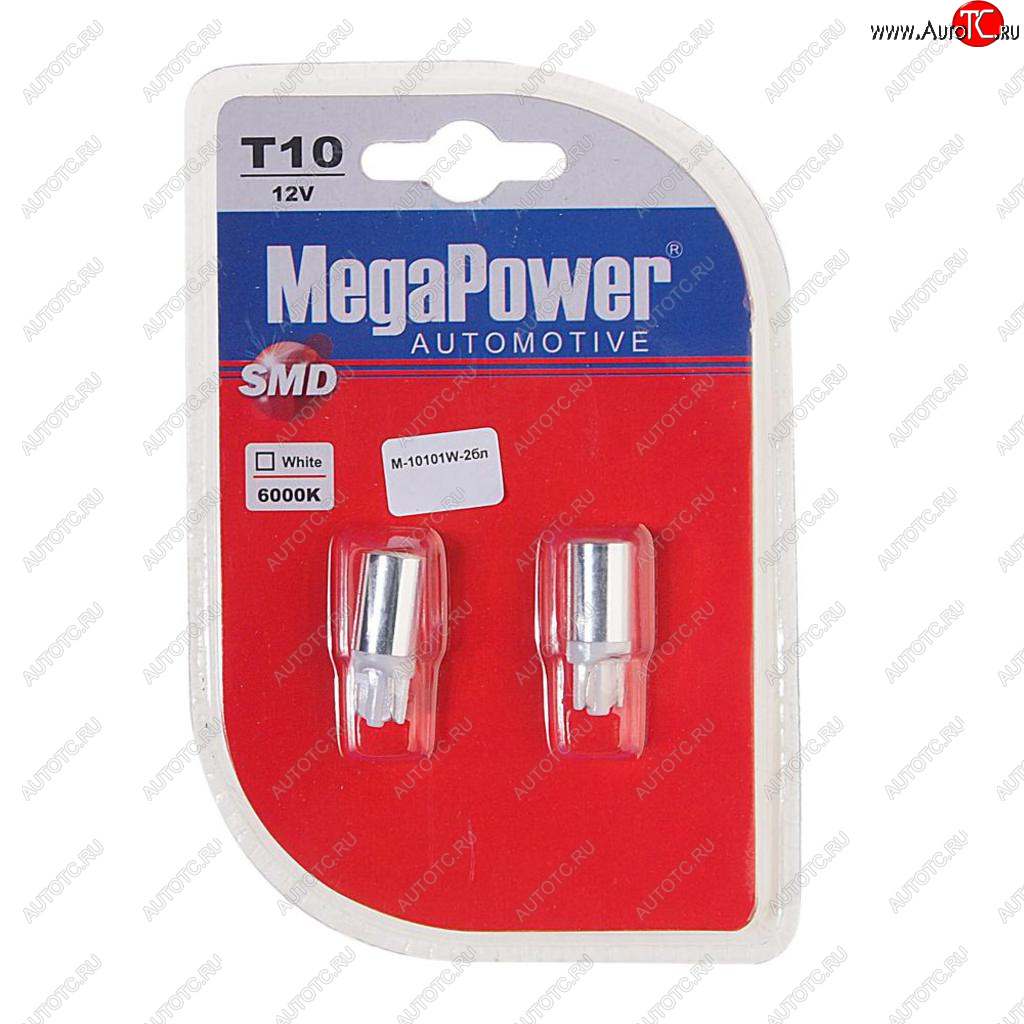 62 р. Лампа светодиодная 12V W5W T10 W2.1x9.5d 6000K блистер (2шт.) MEGAPOWER MEGAPOWER-AUTOMOTIVE 10101w-2бл  с доставкой в г. Майкоп