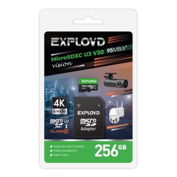 3 299 р. Карта памяти 256GB MicroSD class 10 + SD адаптер EXPLOYD EXPLOYD ex256gcsdxc10-u3-v30  с доставкой в г. Майкоп. Увеличить фотографию 1