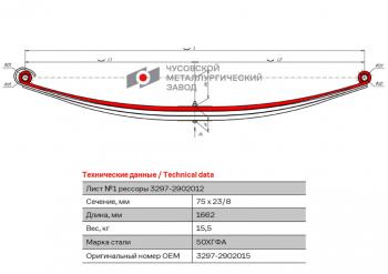 10 999 р. Лист рессоры КАМАЗ-3297 передней №1 L=1662мм ЧМЗ ЧМЗ 3297-2902015  с доставкой в г. Майкоп. Увеличить фотографию 1