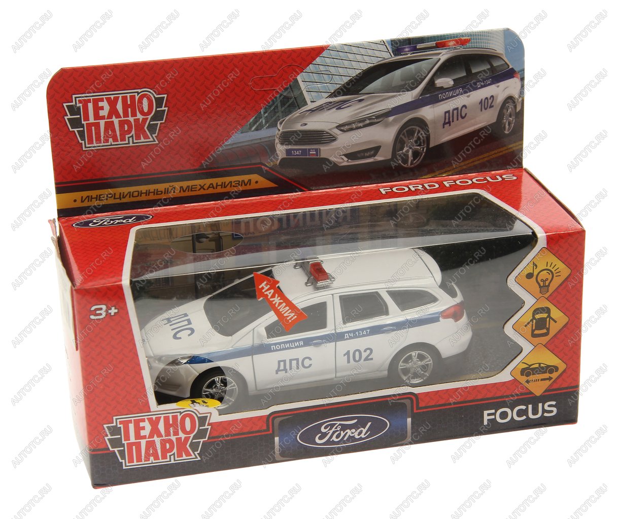 1 559 р. Модель автомобиля FORD Focus металлическая (свет, звук) ТЕХНОПАРК ТЕХНОПАРК focus-12slpol-wh  с доставкой в г. Майкоп