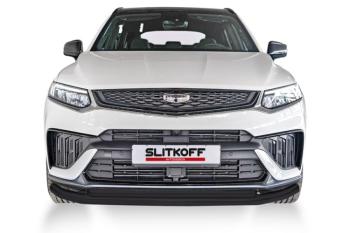 Защита переднего бампера d57+d57 двойная Slitkoff Geely Tugella  FY11,HPBA4 (2022-2025) рестайлинг ( Сталь с полимерным покрытием в цвет черный)