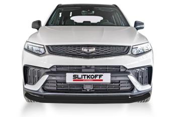 Защита переднего бампера d57+d42 двойная Slitkoff Geely Tugella  FY11,HPBA4 (2022-2025) рестайлинг (  Сталь с полимерным покрытием в цвет черный)